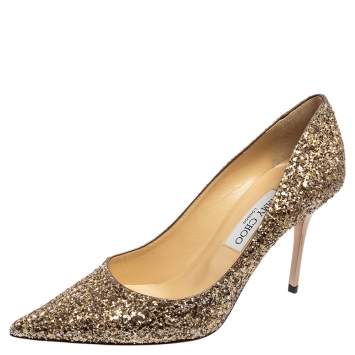 Pre Owned Jimmy Choo Gold Coarse Glitter Love 100 Pointed-Toe Pumps Size 39.5