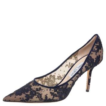 Pre Owned Jimmy Choo Dark Blue Lace Abel Pointed-Toe Pumps Size 41
