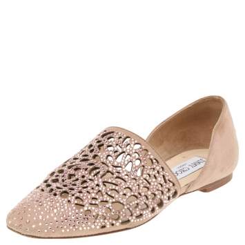 Pre Owned Jimmy Choo Beige Laser Cut Suede Globe Crystal Embellished D'orsay Flats Size 35