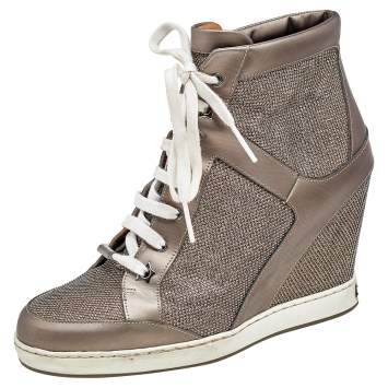 Pre Owned Jimmy Choo Grey Leather and Mesh Panama Wedge Sneakers Size 40