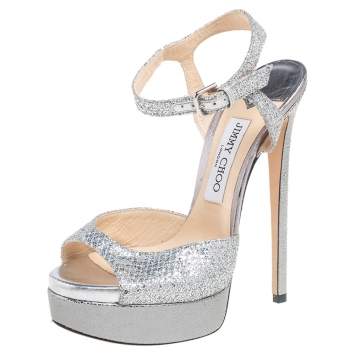 Pre Owned Jimmy Choo Silver Glitter Fabric Jenna Ankle Strap Sandals Size 37 