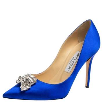 Pre Owned Jimmy Choo Electric Blue Satin Manda Crystal Embellished Pointed Toe Pumps Size 38