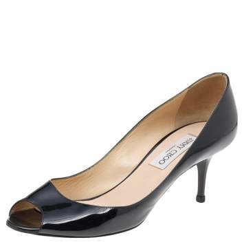 Pre Owned Jimmy Choo Black Patent Leather Peep Toe Pumps Size 38