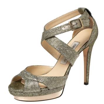 Pre Owned Jimmy Choo Gold Lamé Glitter Fabric Kuki Platform Sandals Size 37
