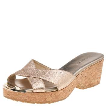 Pre Owned Jimmy Choo Gold Glitter Prima Cork Wedge Sandals Size 35