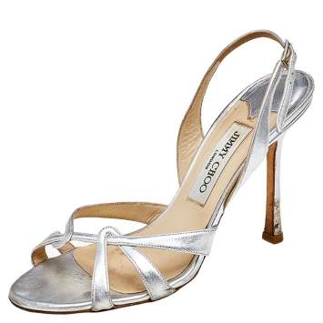 Pre Owned Jimmy Choo Silver Leather Ankle Strap Sandals  Size 38