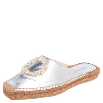 Pre Owned Jimmy Choo Silver Leather Nadene Flat Espadrilles Size 37.5