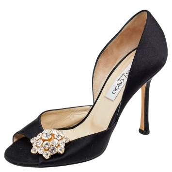 Pre Owned Jimmy Choo Black Satin Tremble Embellished D'orsay Pumps Size 38