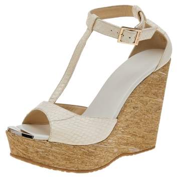 Pre Owned Jimmy Choo White Python Leather T Strap Wedge Platform Sandals Size 39