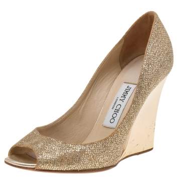 Pre Owned Jimmy Choo Metallic Gold Glitter Fabric Baxen Peep Toe Wedges Pumps Size 36.5