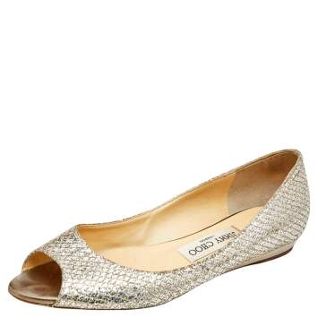 Pre Owned Jimmy Choo Silver Glitter Peep Toe Flats Size 37
