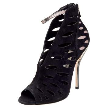 Pre Owned Jimmy Choo Black/Grey Suede And Leather Drift Cutout Peep Toe Booties Size 38.5