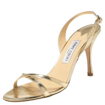 Pre Owned Jimmy Choo Gold Leather Indie Crisscross Slingback Sandals Size 40