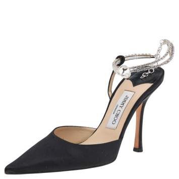 Pre Owned Jimmy Choo Black Satin Pointed Toe Crystal Ankle Pumps Size 38