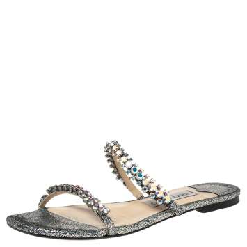 Pre Owned Jimmy Choo Silver Texture Leather Crystal Flats Sandals Size 37.5
