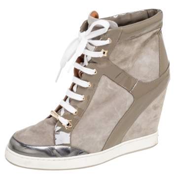 Pre Owned Jimmy Choo Grey Suede and Patent Leather Panama Wedge Sneakers Size 40