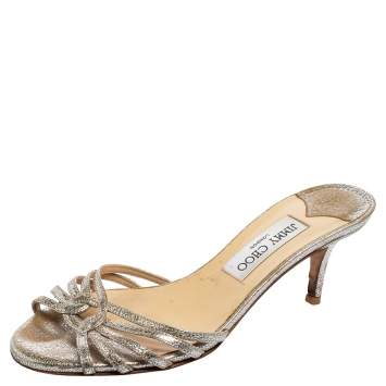 Pre Owned Jimmy Choo Silver Crackled Leather Strappy Slide Sandals Size 36
