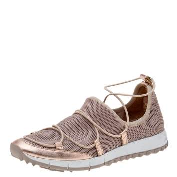 Pre Owned Jimmy Choo Metallic Beige Leather And Mesh Andrea Slip On Sneakers Size 38