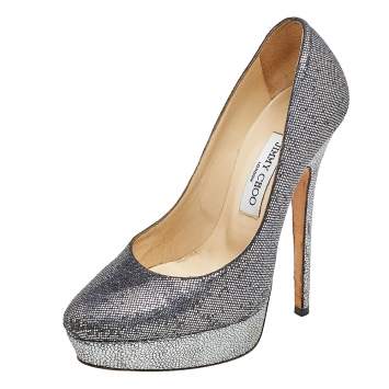 Pre Owned Jimmy Choo Silver Glitter Eros Platform Pumps Size 38