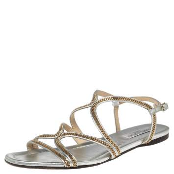 Pre Owned Jimmy Choo Silver Leather Chain Embellished Flats Size 39.5