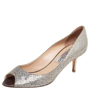 Pre Owned Jimmy Choo Silver Glitter Fabric Isabel Peep Toe Pumps Size 36.5