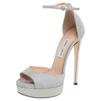 Pre Owned Jimmy Choo Silver Glitter Leather Max Platform Sandals Size 40