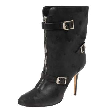 Pre Owned Jimmy Choo Black Nubuck Leather Buckle Ankle Boots Size 41