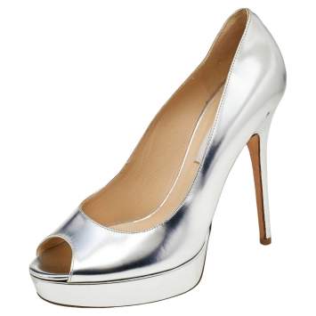 Pre Owned Jimmy Choo Metallic Silver Leather Crown Peep Toe Platform Pumps Size 39