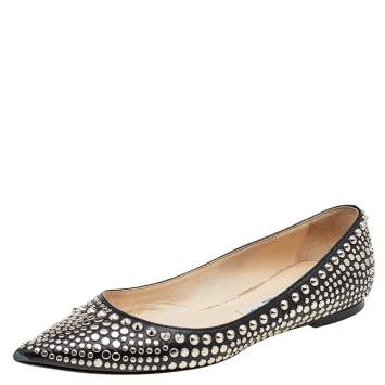 Pre Owned Jimmy Choo Black Leather Studded Pointed Toe Ballet Flats Size 37