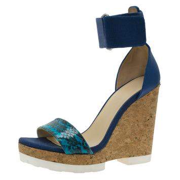 Pre Owned Jimmy Choo Blue Watersnake Leather Neston Ankle Strap Cork Wedge Platform Sandals Size 37.5