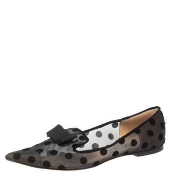 Pre Owned Jimmy Choo Black Gala Flocked Mesh Pointed-Toe Ballet Flats Size 38.5