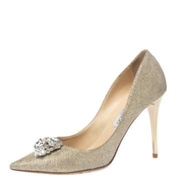 Pre Owned Jimmy Choo Gold Lamè Glitter Fabric Mamey Pumps Size 40