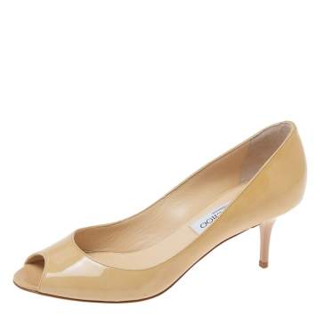 Pre Owned Jimmy Choo Champagne Yellow Patent Leather Isabel Peep-Toe Pumps Size 37.5 