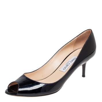 Pre Owned Jimmy Choo Black Patent Leather Isabel Peep-Toe Pumps Size 38.5