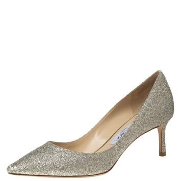 Pre Owned Jimmy Choo Dull Gold Coarse Glitter Romy Pumps Size 37.5