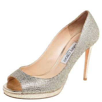 Pre Owned Jimmy Choo Gold/Silver Glitter Fabric Dahlia Peep-Toe Pumps Size 38