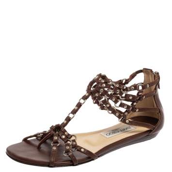 Pre Owned Jimmy Choo Brown Leather Studded Caged T-Strap Flat Sandals Size 37.5