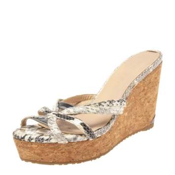 Pre Owned Jimmy Choo Beige/Grey  Python Embossed Leather Perfume Cork Wedge Slide Sandals Size 39.5