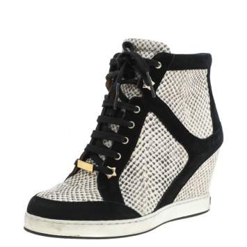 Pre Owned Jimmy Choo Black/Beige Suede And Python Embossed Leather Wedge Sneakers Size 38.5
