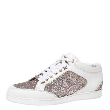 Pre Owned Jimmy Choo White/Gold Leather And Glitter Miami Lace Up Sneakers Size 37