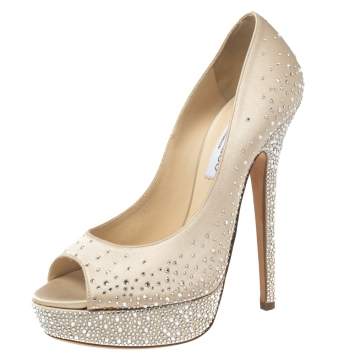Pre Owned Jimmy Choo Beige Satin Crystal Embellished Platform Peep-Toe Pumps Size 39