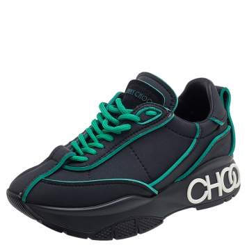 Pre Owned Jimmy Choo Black/Green Neoprene Raine Low Top Sneakers Size 37
