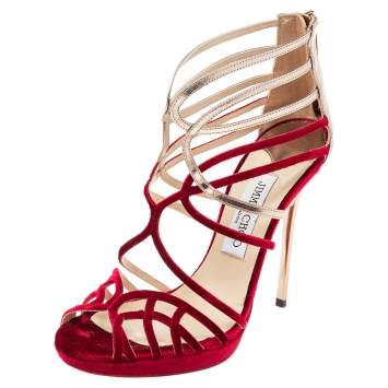 Pre Owned Jimmy Choo Burgundy/Gold Velvet and Leather Maury Strappy Sandals Size 37.5