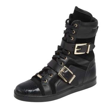 Pre Owned Jimmy Choo Black Suede And Leather Combat Boots Size 36