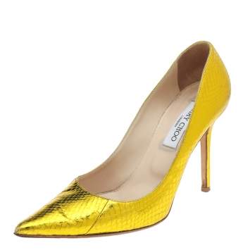 Pre Owned Jimmy Choo Metallic Yellow Python Embossed Leather Abel Pointed Pumps Size 39