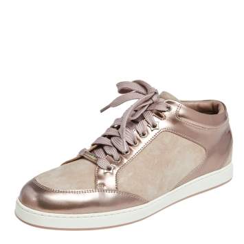 Pre Owned Jimmy Choo Metallic/Beige  Suede And Patent Miami Lace Up  Sneakers  Size 39.5