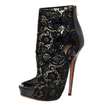 Pre Owned Jimmy Choo Black Lace And Patent Leather Bow Peep Toe Platform Booties Size 40.5