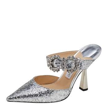 Pre Owned Jimmy Choo Silver Glitter Crystal Buckle Embellished Smokey Mules Size 38
