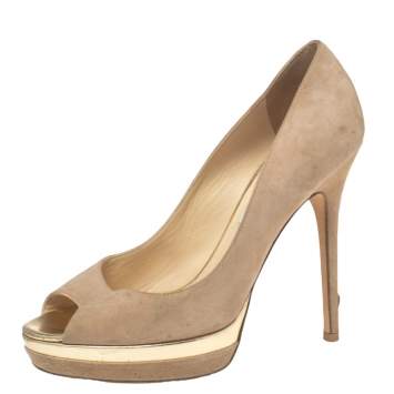 Pre Owned Jimmy Choo Beige Suede Peep-Toe Torte Platform Pumps Size 38