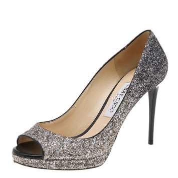 Pre Owned Jimmy Choo Silver Glitter Luna Peep Toe Pumps Size 37.5